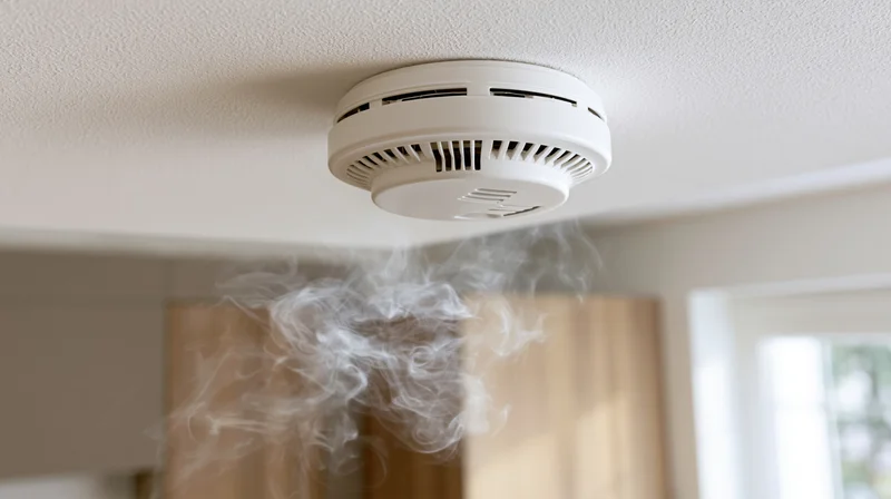 White smoke detector mounted on ceiling with rising smoke in indoor home setting