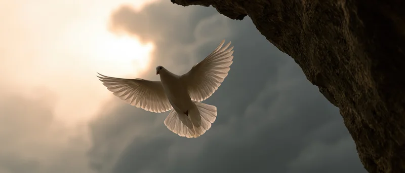 White dove in mid-flight with wings spread emerging from a rocky cave opening into sunlight