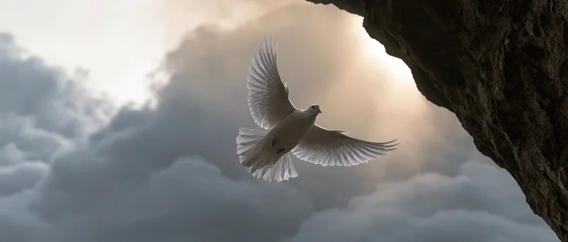 White dove in mid-flight with wings spread emerging from a rocky cave opening into a cloudy sky lit by sunlight