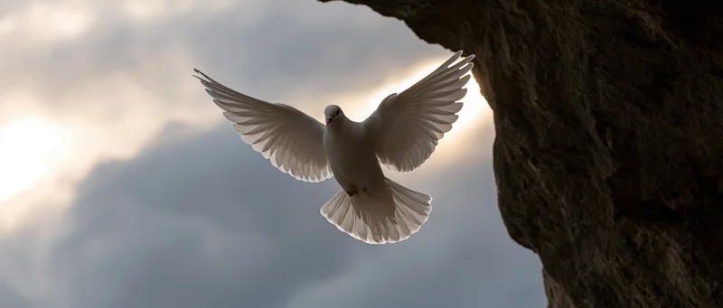 White dove in mid-flight with wings spread emerging from a rocky cliff against a cloudy sky backlit by sunlight