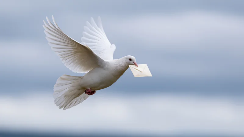 White dove in flight carrying a small pale envelope in its beak against a blurred sky background