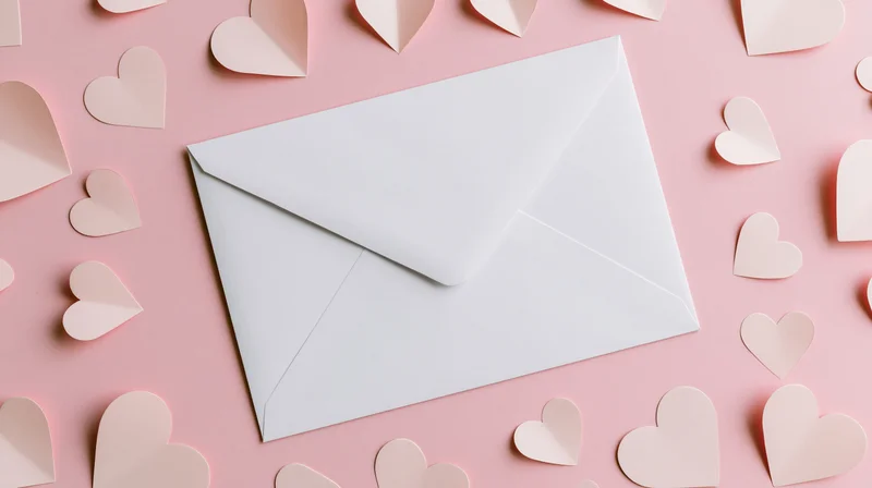 White envelope on pastel pink surface surrounded by paper hearts in flat lay arrangement