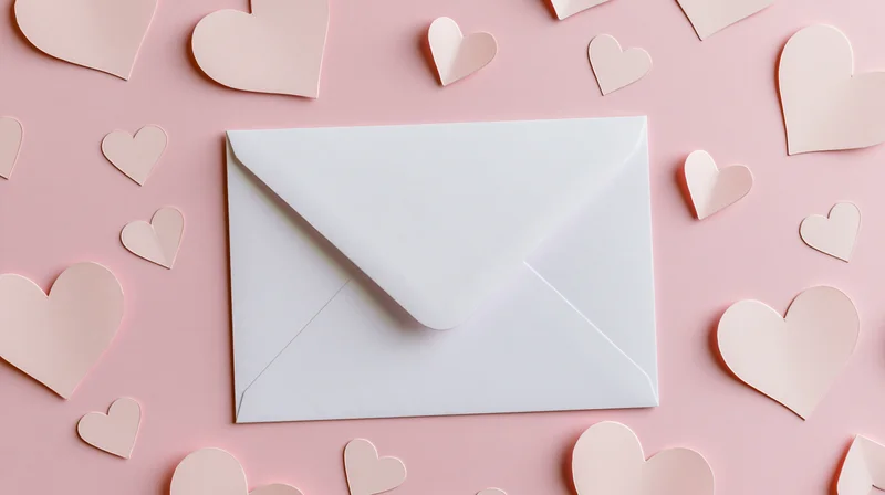White envelope on pastel pink surface surrounded by paper hearts in flat lay arrangement