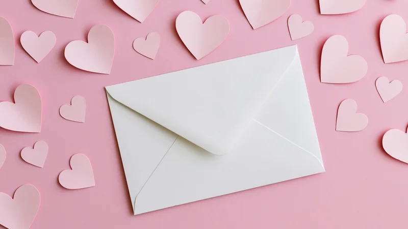 White envelope on a pink surface surrounded by paper hearts