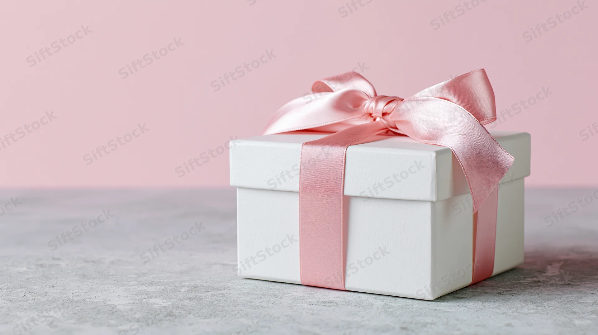 White gift box tied with pink satin ribbon and bow on a light gray surface against a pink background