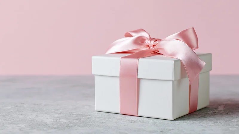 White gift box tied with pink satin ribbon and bow on a light gray surface against a pink background