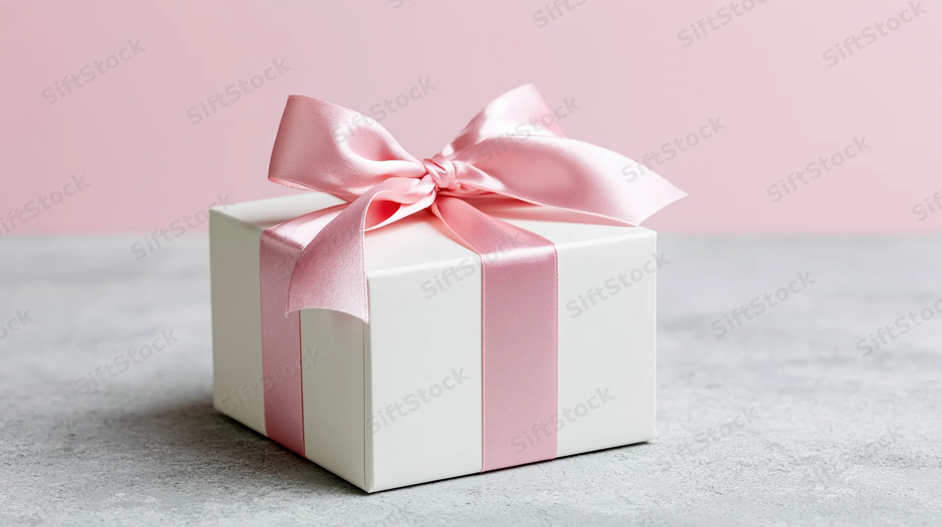 White gift box tied with pink satin ribbon and bow on concrete surface
