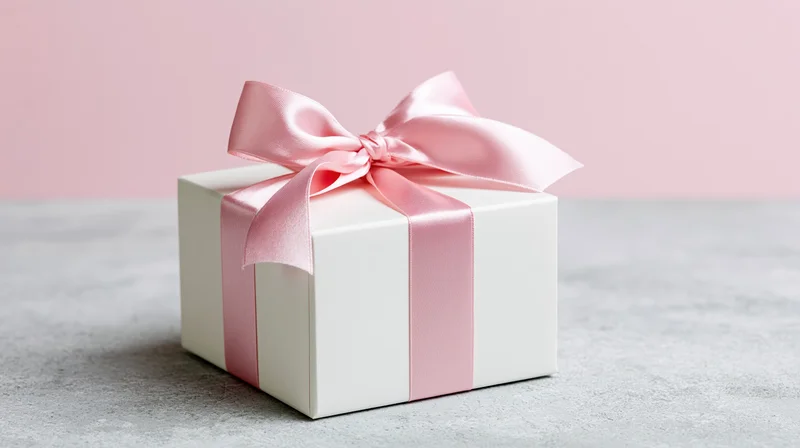 White gift box tied with pink satin ribbon and bow on concrete surface