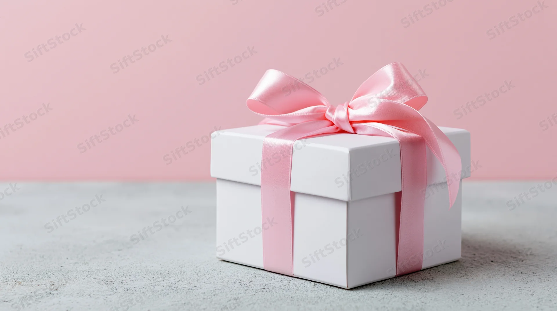 White gift box tied with pink satin ribbon and bow on light gray surface against pink background