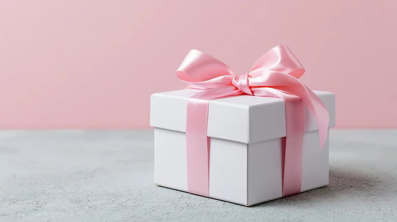 White gift box tied with pink satin ribbon and bow on light gray surface against pink background
