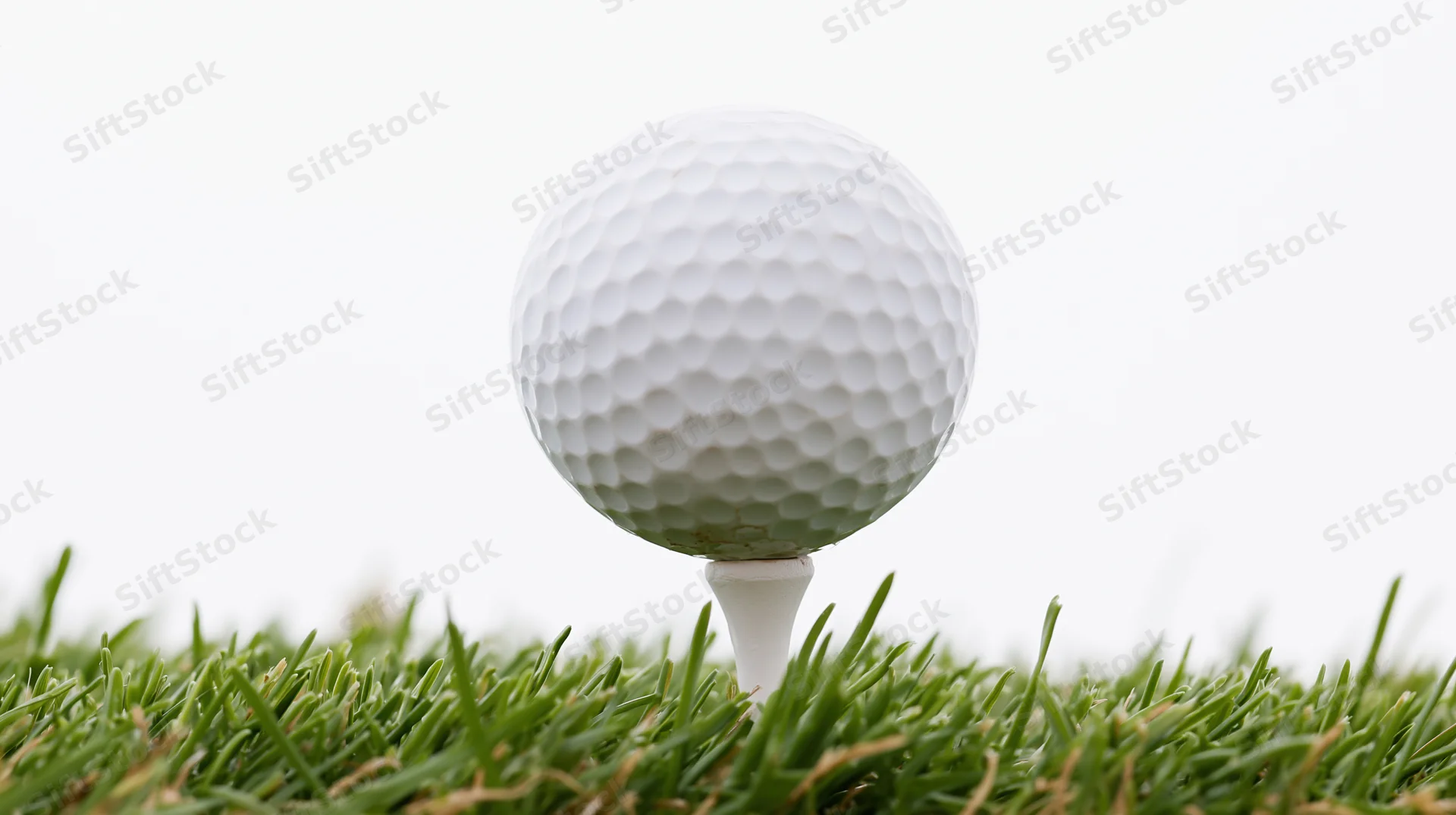 White golf ball on a plastic tee in green grass with bright background