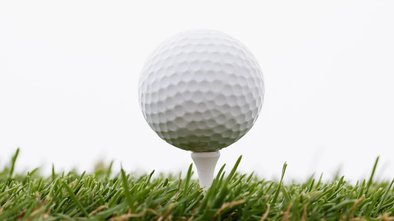 White golf ball on a plastic tee in green grass with bright background