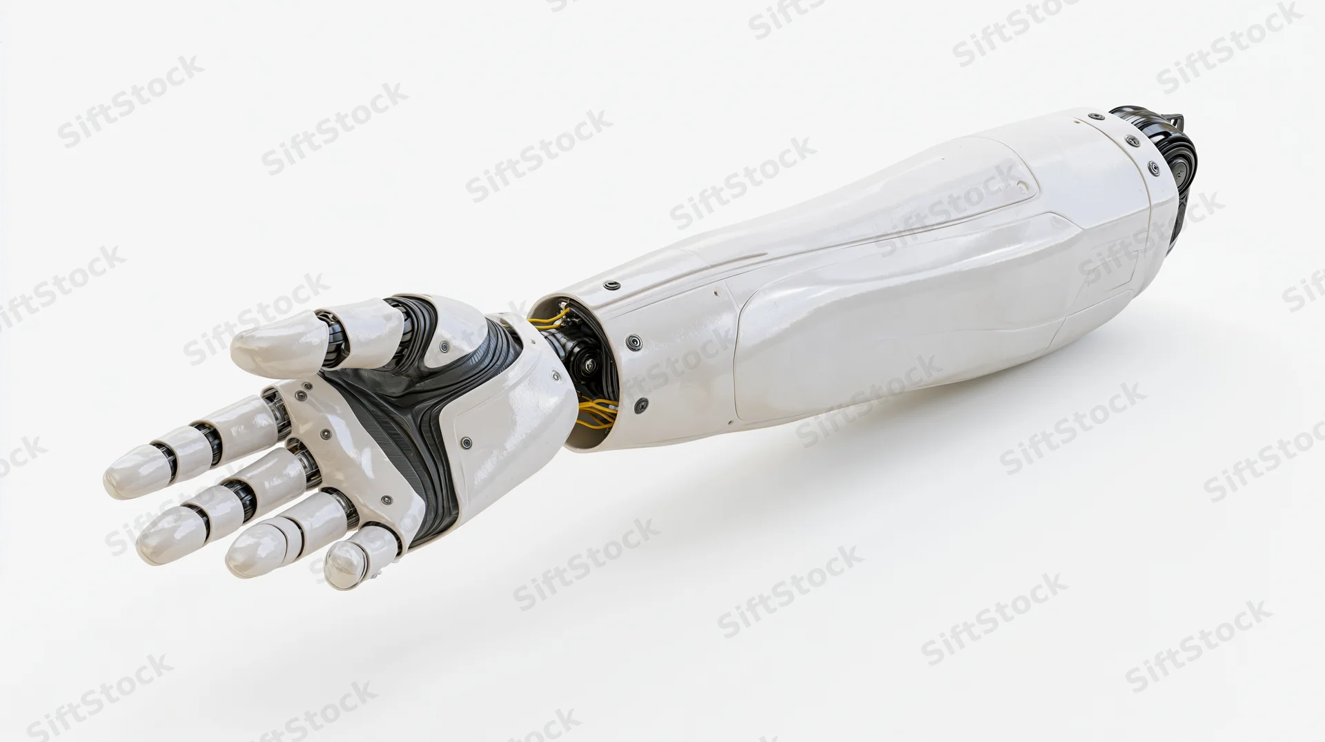 White robotic arm with articulated hand reaching forward on plain background