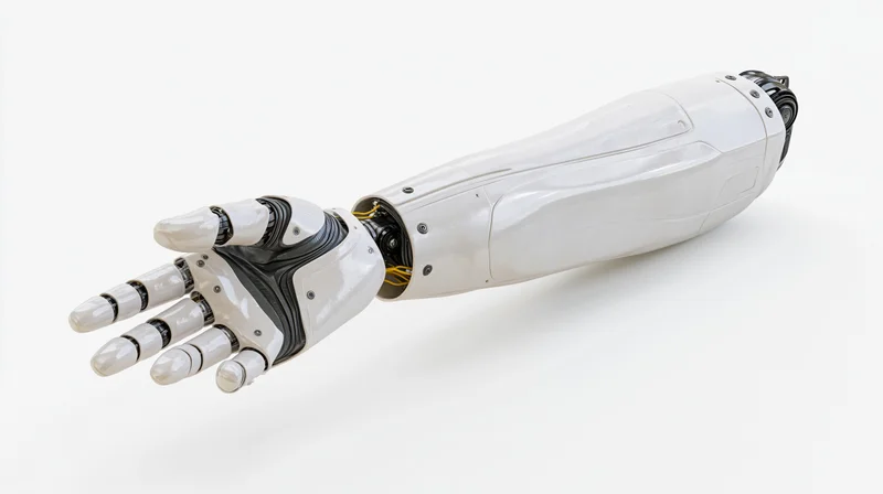 White robotic arm with articulated hand reaching forward on plain background