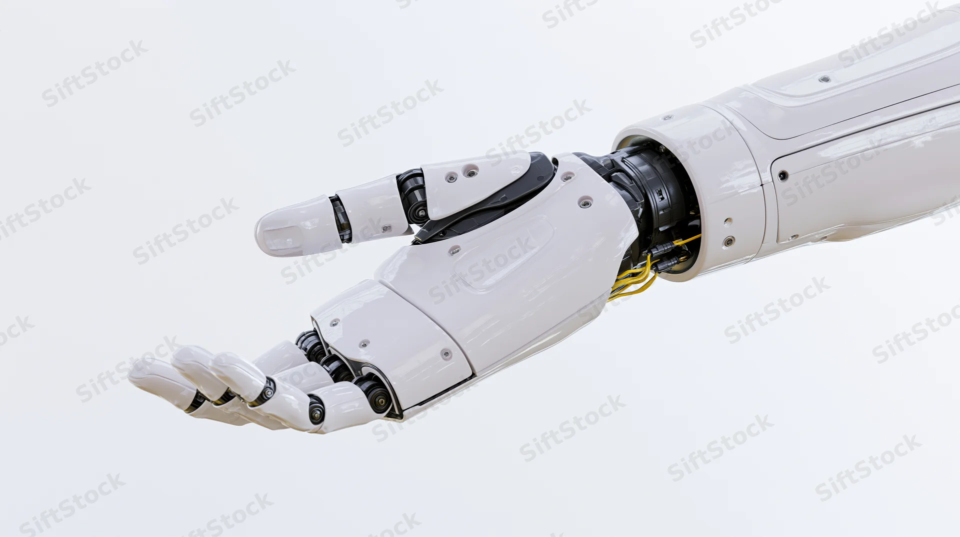 White robotic arm and hand reaching forward against plain background