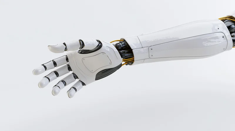 White robotic arm and hand reaching forward against plain background