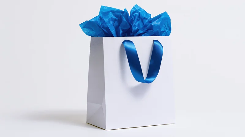 White gift bag with blue satin ribbon handles filled with crumpled blue tissue paper on plain white background