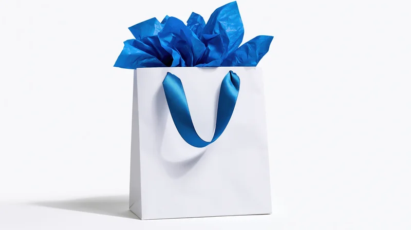 White gift bag with blue satin ribbon handles and crumpled tissue paper on white background