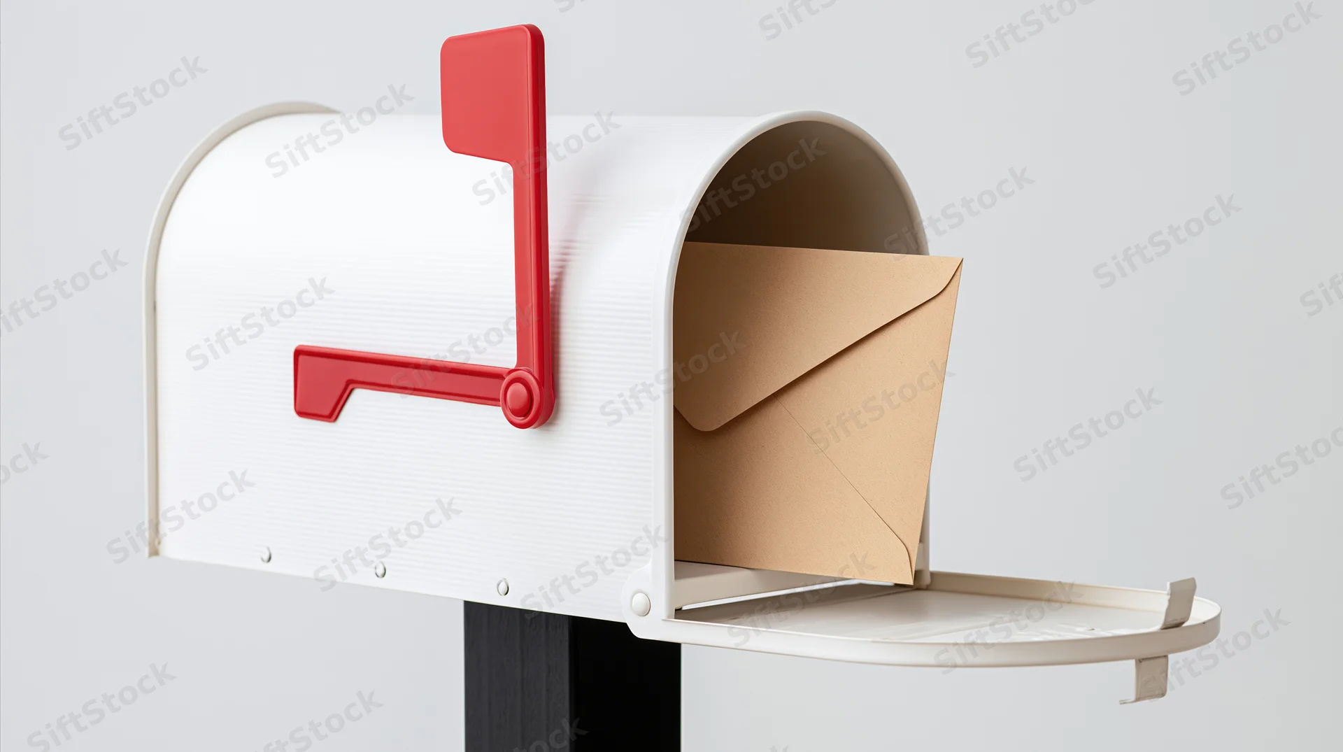 White metal mailbox with red flag open and envelope inside mounted on black post