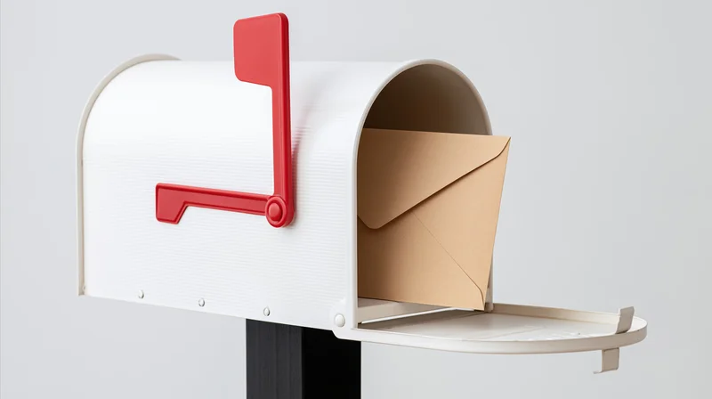 White metal mailbox with red flag open and envelope inside mounted on black post