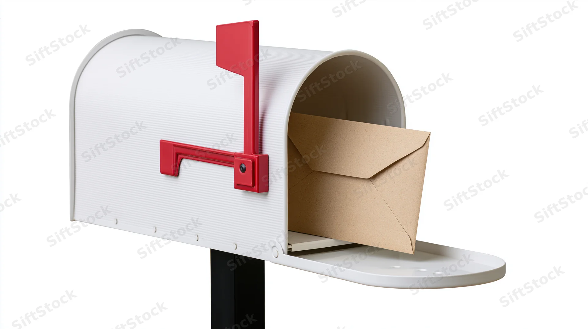 White metal mailbox with red flag open and envelope inside on black post