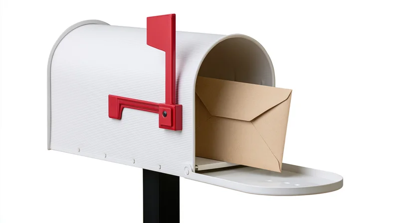 White metal mailbox with red flag open and envelope inside on black post