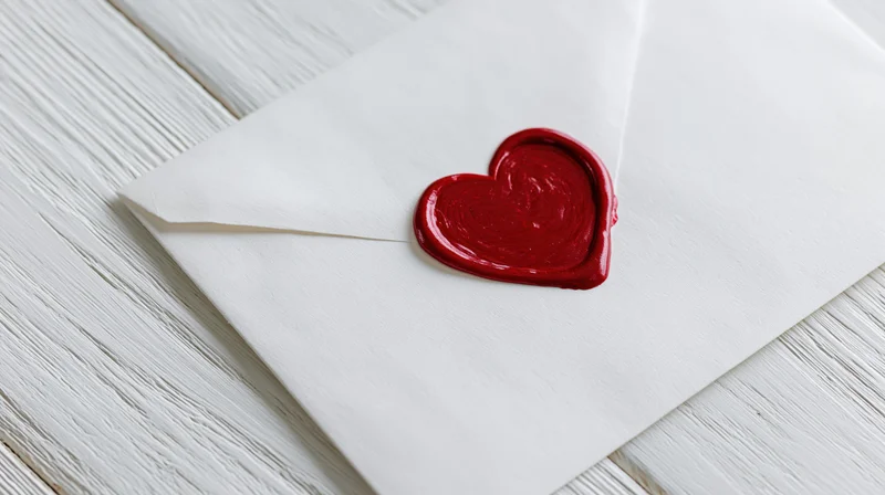 White envelope sealed with red heart-shaped wax seal on wooden surface
