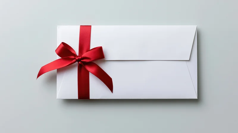 White envelope tied with red ribbon lying flat on light gray surface