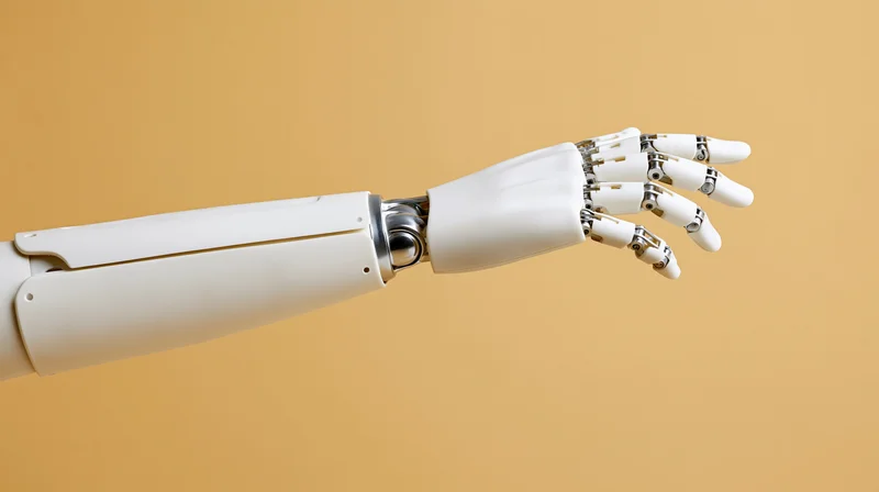 Robotic arm extending with fingers reaching toward the right against a beige background
