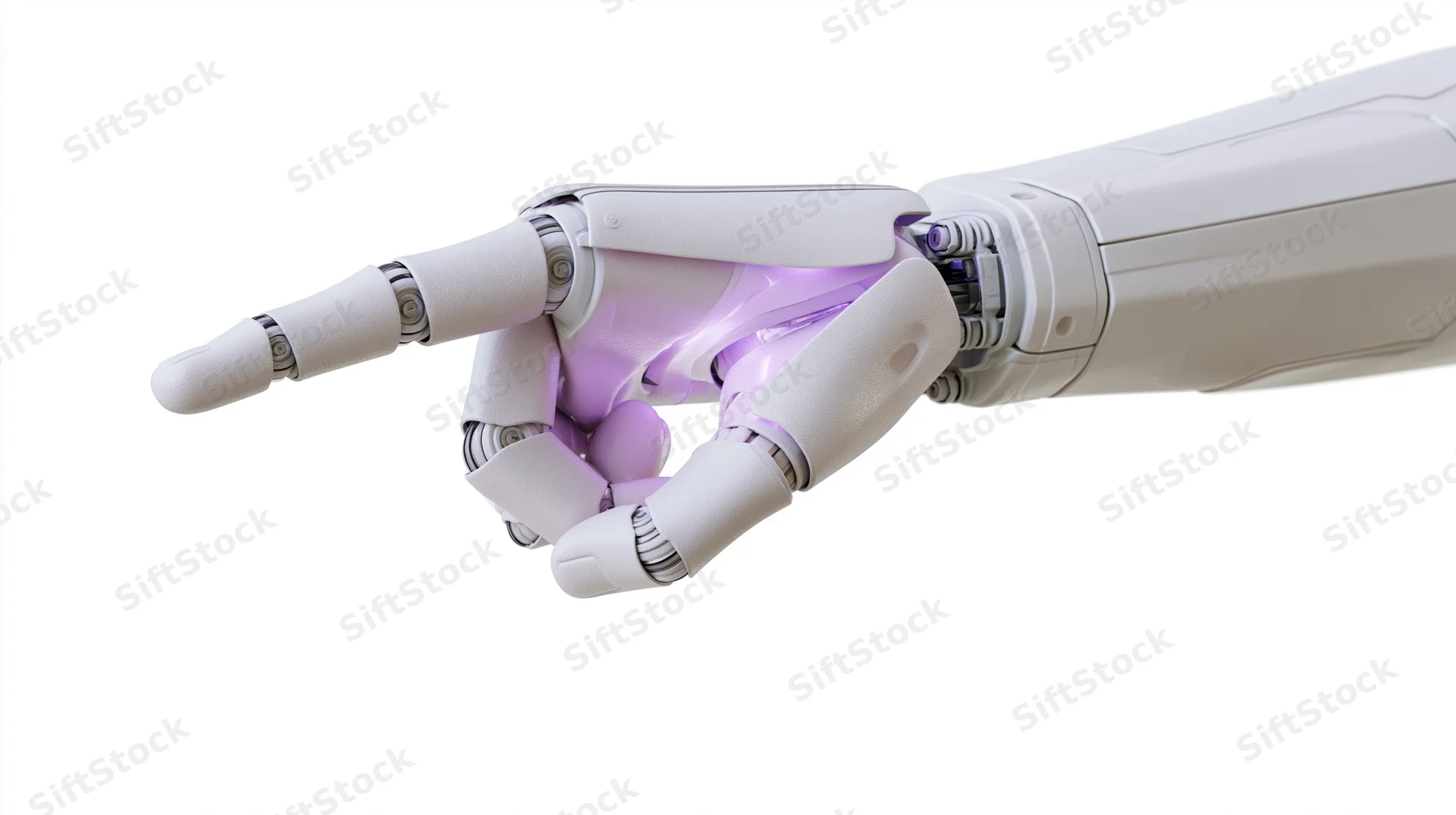 Robotic arm with extended index finger pointing against white background