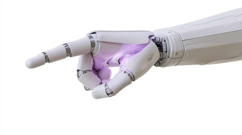 Robotic arm with extended index finger pointing against white background
