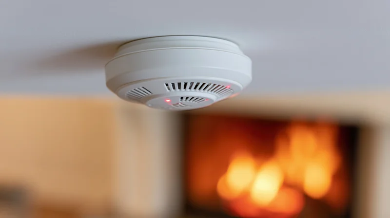 White round smoke detector mounted flush on pale ceiling above blurred fireplace with orange flames
