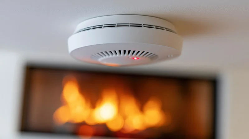 White round smoke detector mounted flush on pale ceiling above blurred fireplace with orange flames