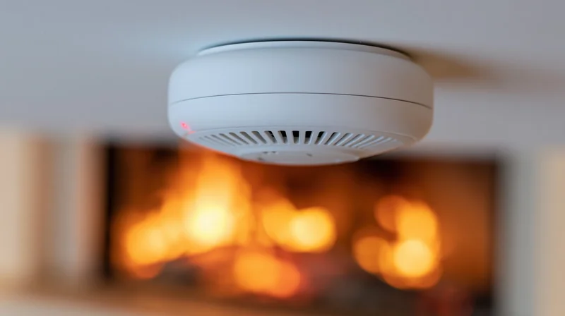 White round smoke detector mounted flush on pale ceiling above blurred fireplace flames