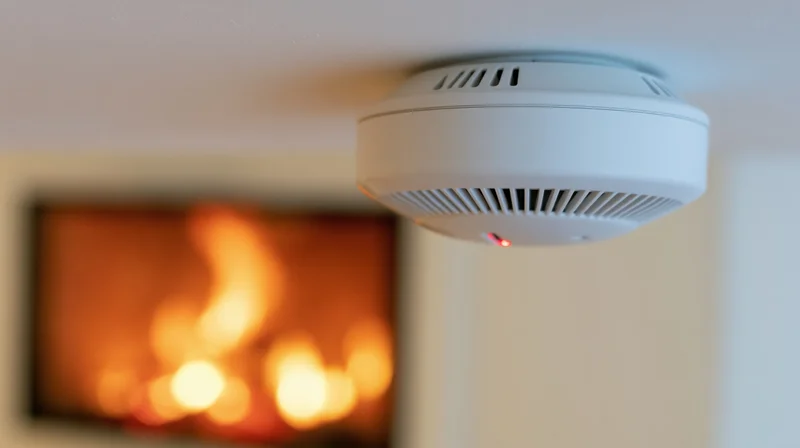 White round smoke detector mounted on ceiling above blurred fireplace glow