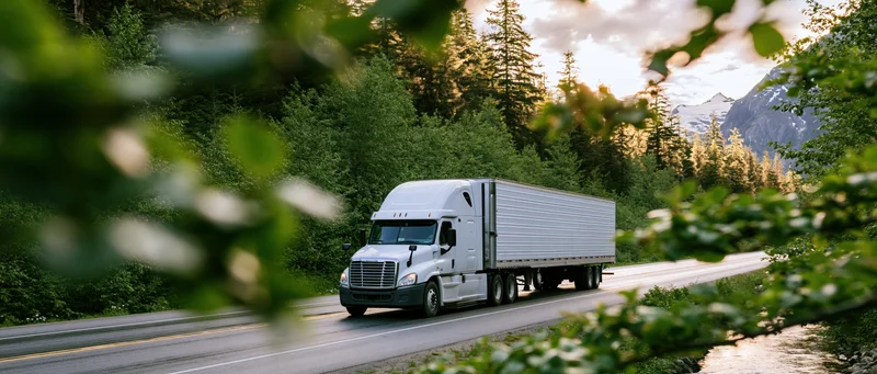 White semi-truck with blank trailer driving along a two-lane highway through forested mountains at sunset