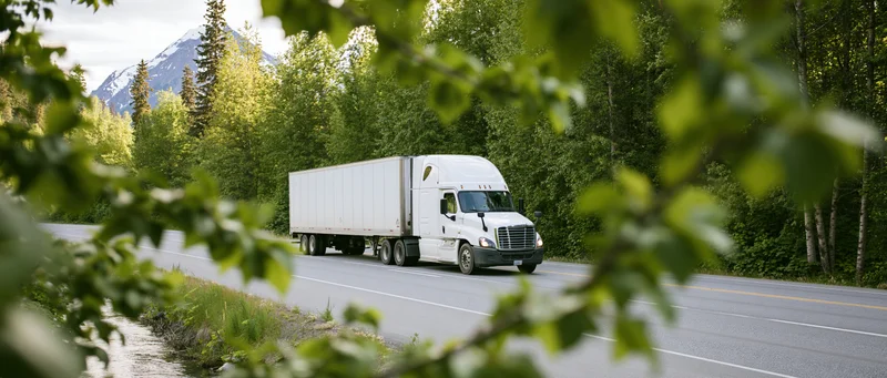 White semi-truck with blank trailer driving along a two-lane highway through forested mountainscape