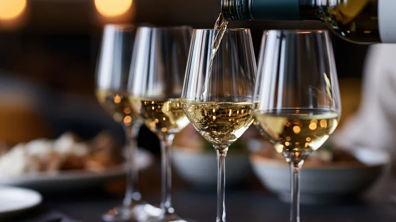 White wine being poured from a bottle into one of four glasses on a dining table