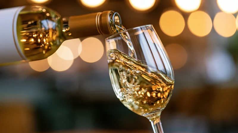 White wine being poured from a gold-labeled bottle into a clear glass with warm bokeh lights in the background