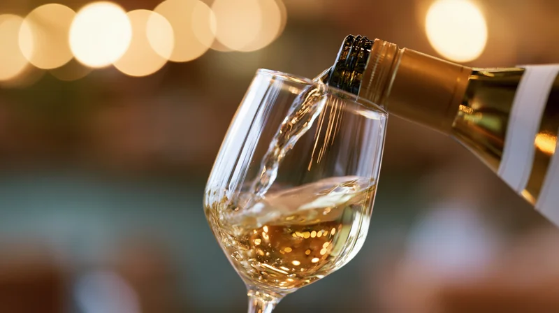 White wine being poured from a gold-labeled bottle into a clear glass at a dimly lit indoor setting