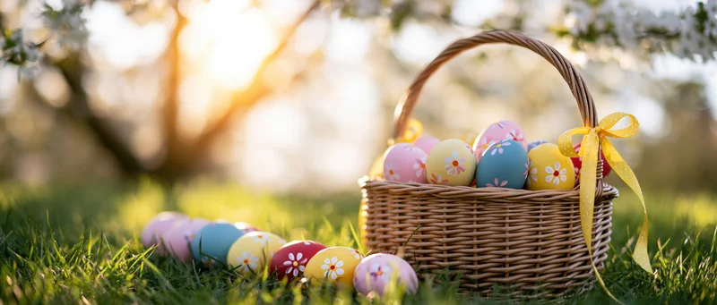 Wicker basket filled with colorful painted easter eggs on grass under blossoming tree in spring sunlight