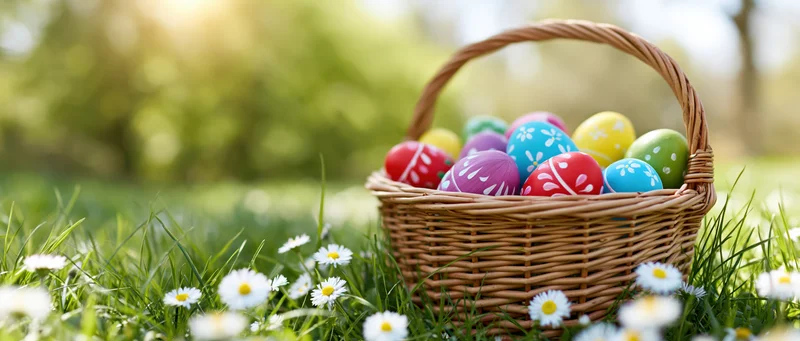 Wicker basket filled with hand-painted easter eggs resting on grass among daisies