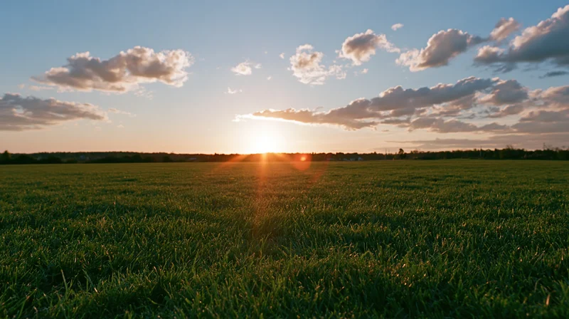 Wide open grass field at sunset stretching to a distant treeline under a cloudy sky