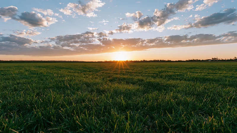 Wide green grass field at sunset stretching to distant treeline under cloudy sky