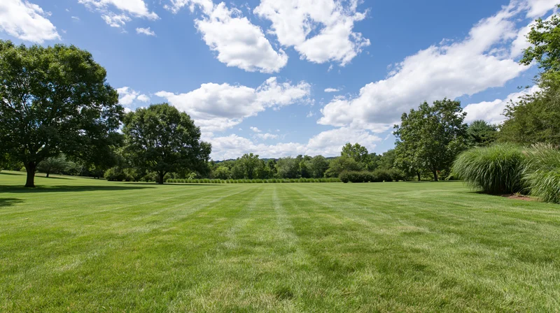 Wide open green lawn stretching to a distant tree line under a blue sky with scattered clouds