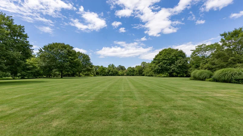 Wide open mowed lawn stretching to a distant tree line under a blue sky with scattered clouds