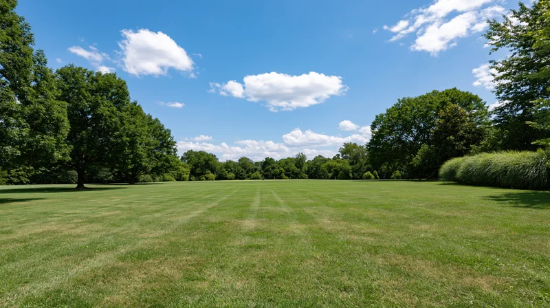 Wide open green lawn stretching to a distant tree line flanked by trees under a blue sky with scattered clouds