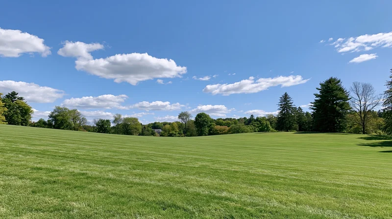 Wide open park landscape with gently sloping manicured green lawn under blue sky with scattered clouds