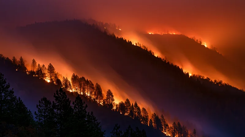 Wildfire burning across a forested hillside at night
