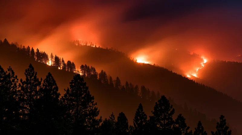 Wildfire burning across a forested hillside at night